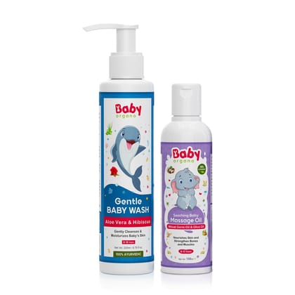 Babyorgano Baby Body Wash with Aloevera| Cleanses and Moisturizes Skin. 200ml & Baby Massage Oil for New Born Baby Nourish and Strengthen Baby Muscles 6 Ayurvedic Herbs Strengthen Muscles 100ml Combo Pack