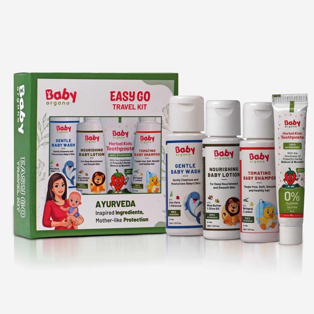 Babyorgano New Born Baby Care Combo, Travel Friendly Kit Shampoo, Wash, Lotion 30ml Each, Toothpaste 10gm FDA Approved