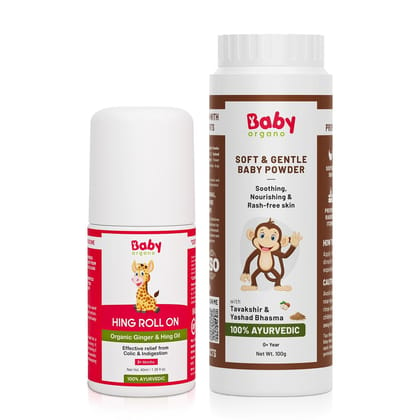 Babyorgano Baby Hing Tummy Roll On 40ml | Baby Powder 100gm Combo Pack | FDCA Approved