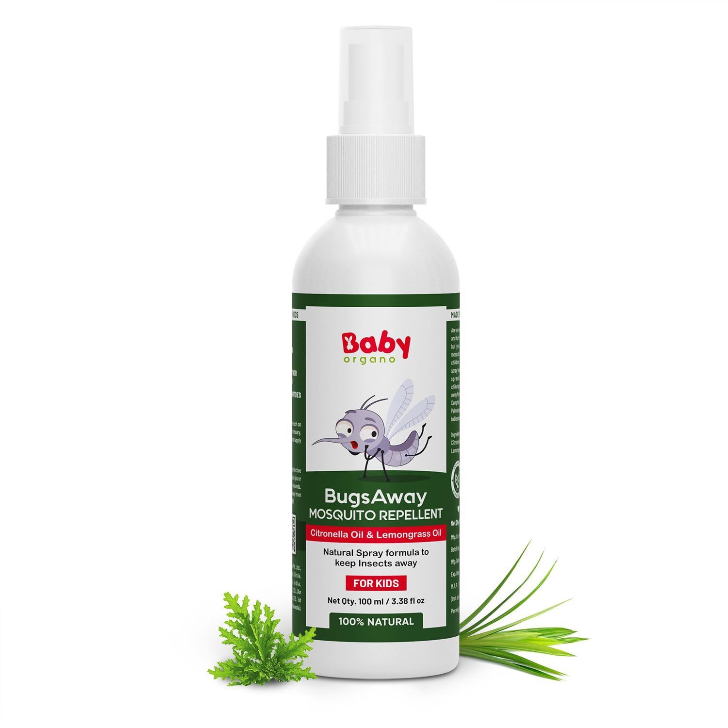 Babyorgano Bugs Away Natural Anti-Mosquito, Flea Repellent Spray for Babies/Children and Home with Citronella & Lemongrass Oil 100ml