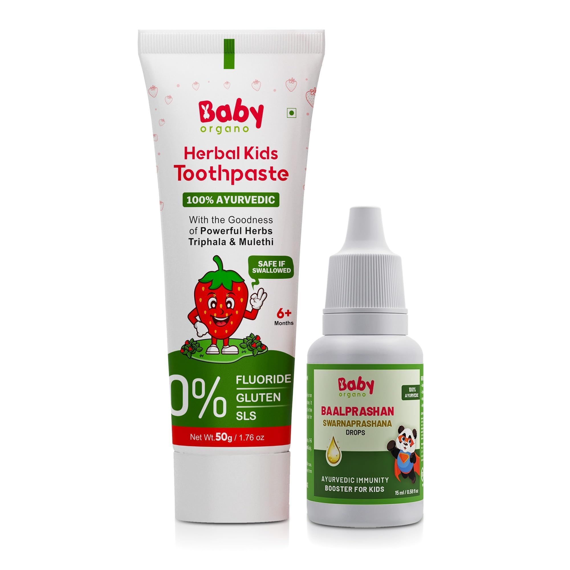 Babyorgano Ayurvedic Immunity Booster and Oral Care Product Combo Pack for New Born & Kids - Swarnaprashan Drop and Strawberry Flavored Fluoride-Free Herbal Toothpaste