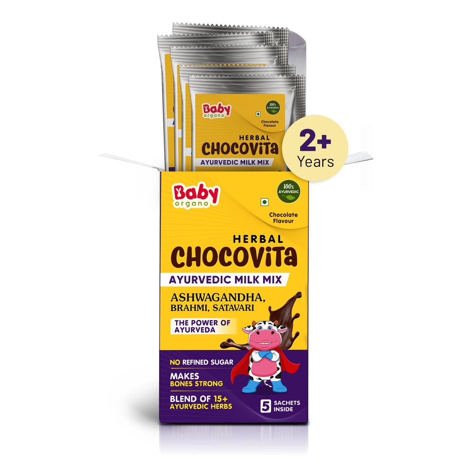 Babyorgano Herbal Chocovita Trial Pack 50gm for Kids Chocolate Flavor, Ayurvedic Milk Mix, Enriched with Ashwagandha, Brahmi, Satavari, No Added Preservative & Refine Sugar Pack of 1 (2-10 Years)