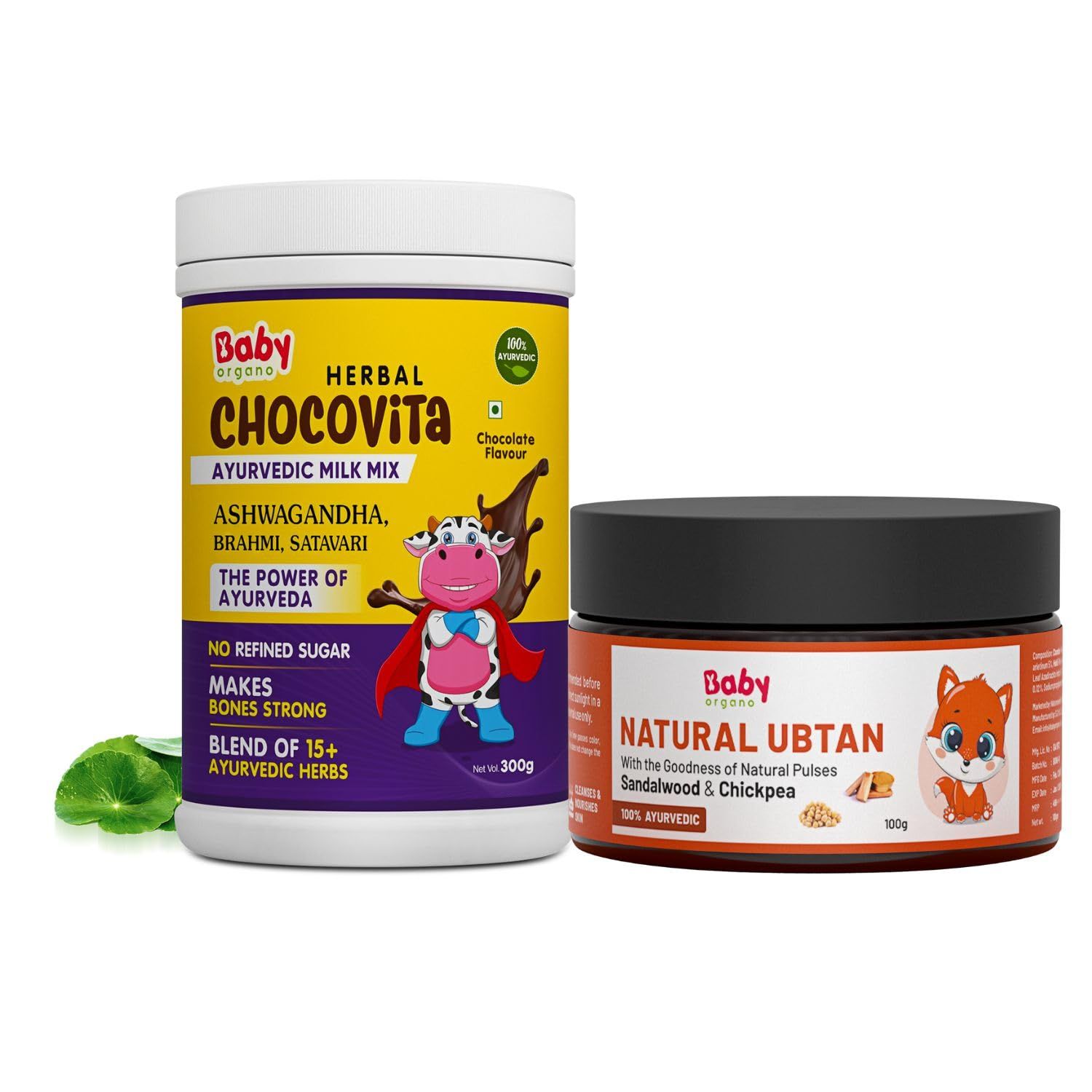 Babyorgano Herbal Chocovita & Natural Ubtan Powder for Kids Bundle Pack | Nutrition Milk Drink Powder Supports Height, Weight Gain | Bath Powder with Chickpea, Turmeric | FDA Approved