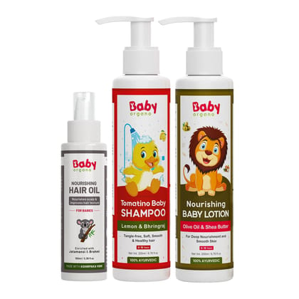 Babyorgano Natural Baby Hair Oil & Baby Shampoo, Baby Body Lotion 0-3 Years | Baby Care Combo Pack For New Born Kids