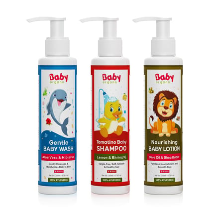 Babyorgano Ayurvedic Baby Wash, Shampoo & Lotion Combo (200ml Each), Nourishing, Natural Ingredients for Sensitive Skin