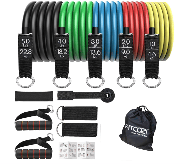 Fitcozi Resistance Band Set of 11 | Portable Exercise Elastic Bands with Exercise Tube Bands, Door Anchor, Ankle Straps, Carry Bag