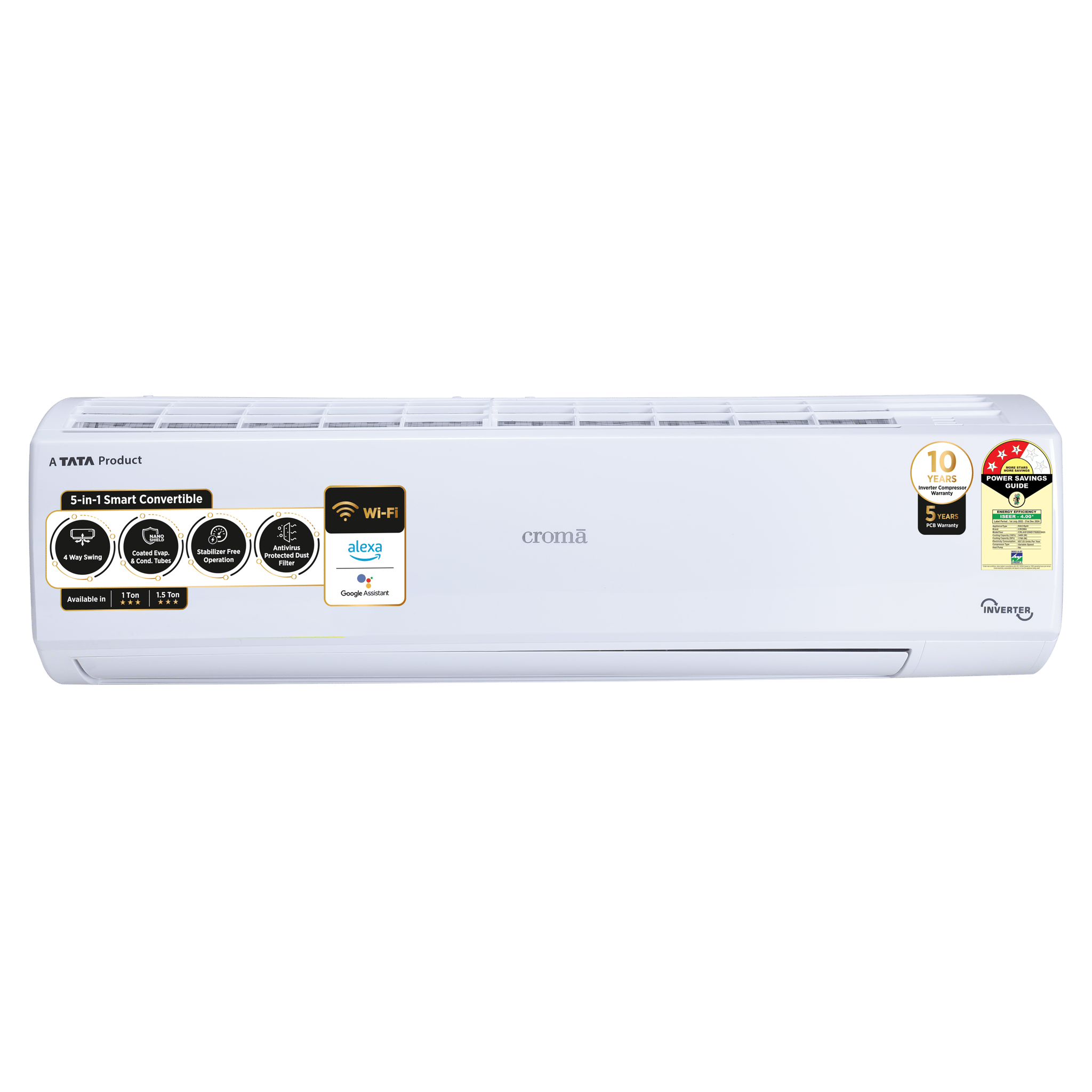 Croma 5 in 1 Convertible 1 Ton 3 Star Inverter Split Smart AC with PM 2.5 Filter (2024 Model, Copper Condenser)