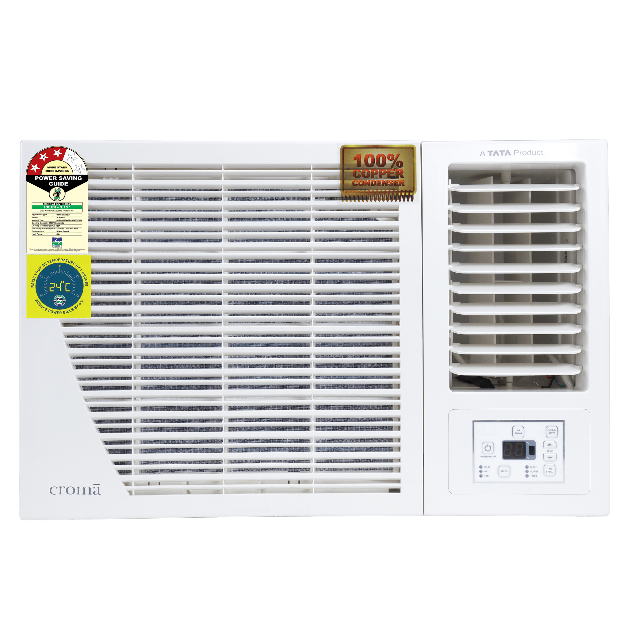 Croma 1.5 Ton 3 Star Fixed Speed Window AC (2024 Model, Copper Condenser, Dust Filter)