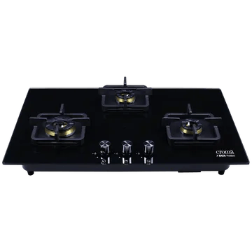 Croma Toughened Glass Top 3 Burner Automatic Hob (Cast Iron Pan Supports, Black)