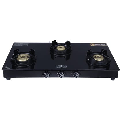 Croma Toughened Glass Top 3 Burner Manual Gas Stove (Rust Proof, Black)