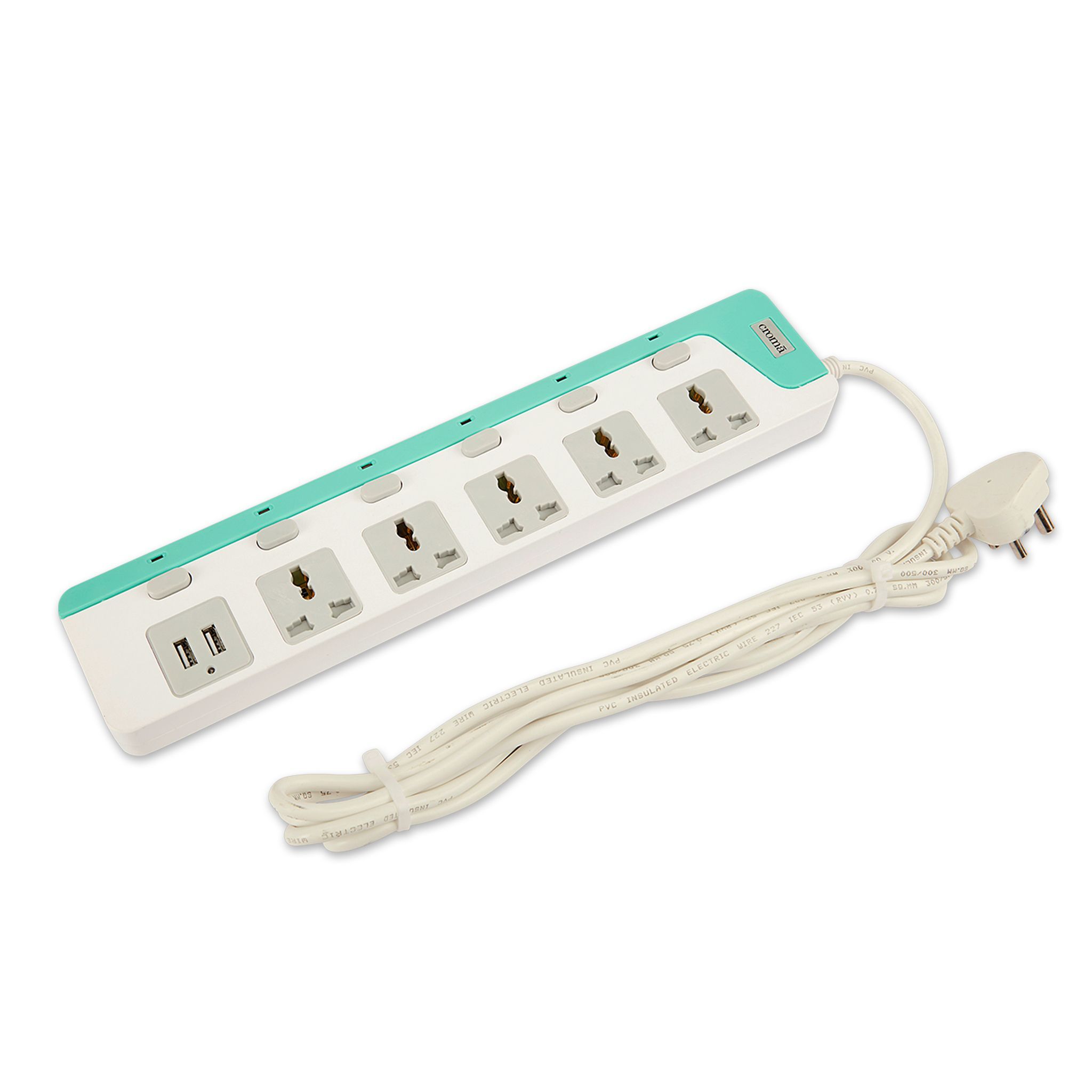 Croma 6 Amps 5 Sockets Surge Protector With Individual Switch (2 Meters, 2 USB Port, Blue)