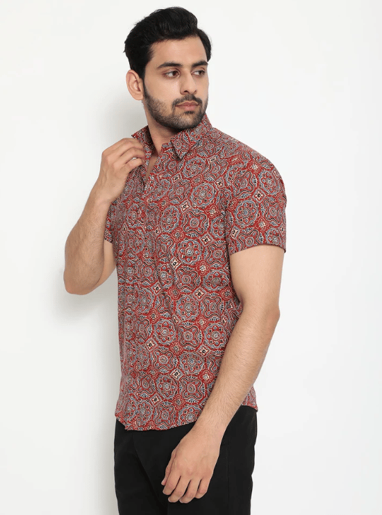 Red Cotton Short Sleeve Handblocked Printed Shirt