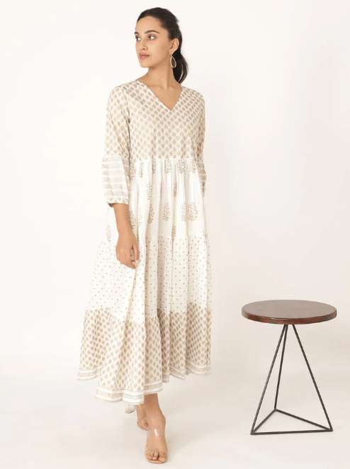 White Cotton v Neck Handblocked Printed Dress