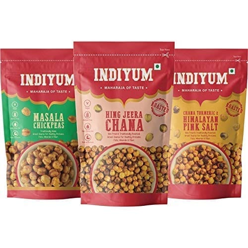 Indiyum Family Pack Masala Chickpeas 140g, Hing Jeera Channa 140g, Himalayan Pink Salt 140g