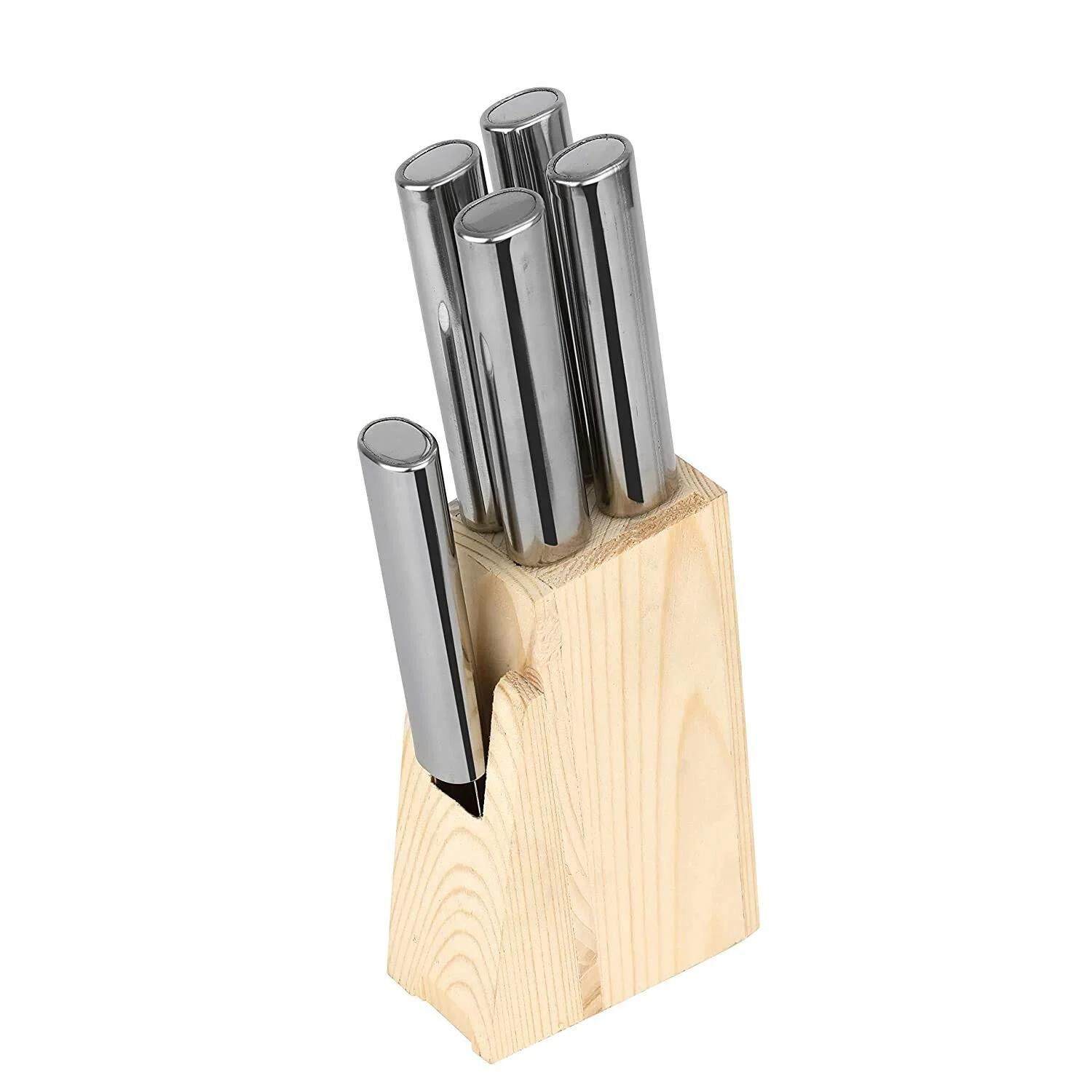 Stainless Steel Knife & Peeler Set with Wooden Stand/Knife Set for Kitchen with Holder, Knife and Peeler Set 4 Knife +1 Peeler +1 Wooden Stand (Assorted Color)