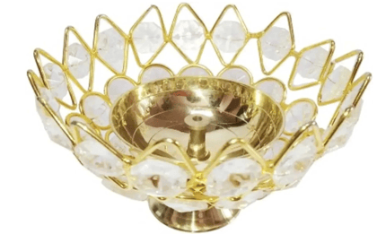 Vindhya Brass Leaf Akhand Diya/ Decorative Festival Lamp/ Mahalakshmi Kamal Diya/ Silver Gold and Copper Plated Dhan Kuber Lotus Design Diya/ Kamalpatta Diya - 5 inch [Golden Glass]