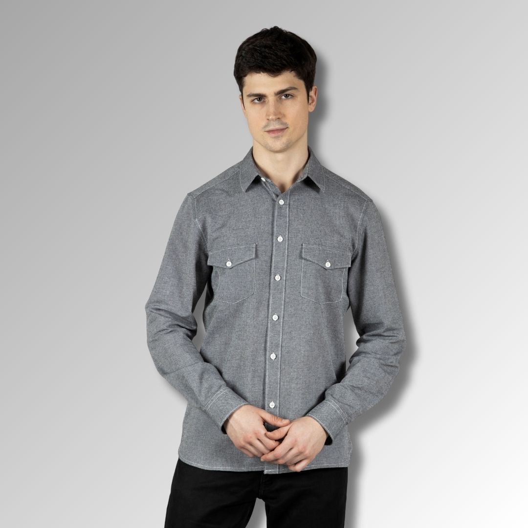 Grey Chambray Men's Shirt in Cotton with Double Pockets & Contrast Stitch