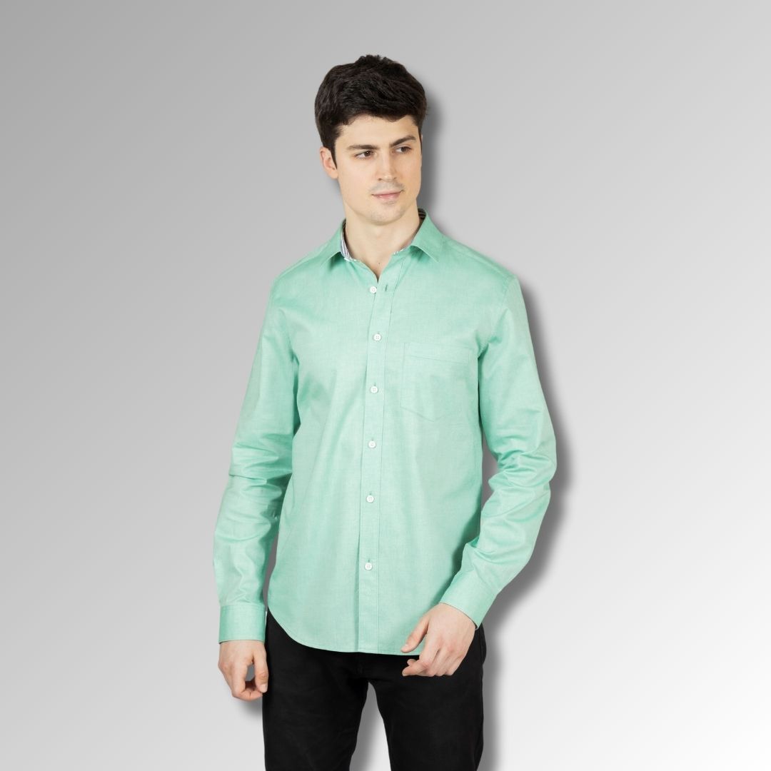 Green Regular Fit Men's Oxford Shirt in Cotton with Button Down & Contrast Trim