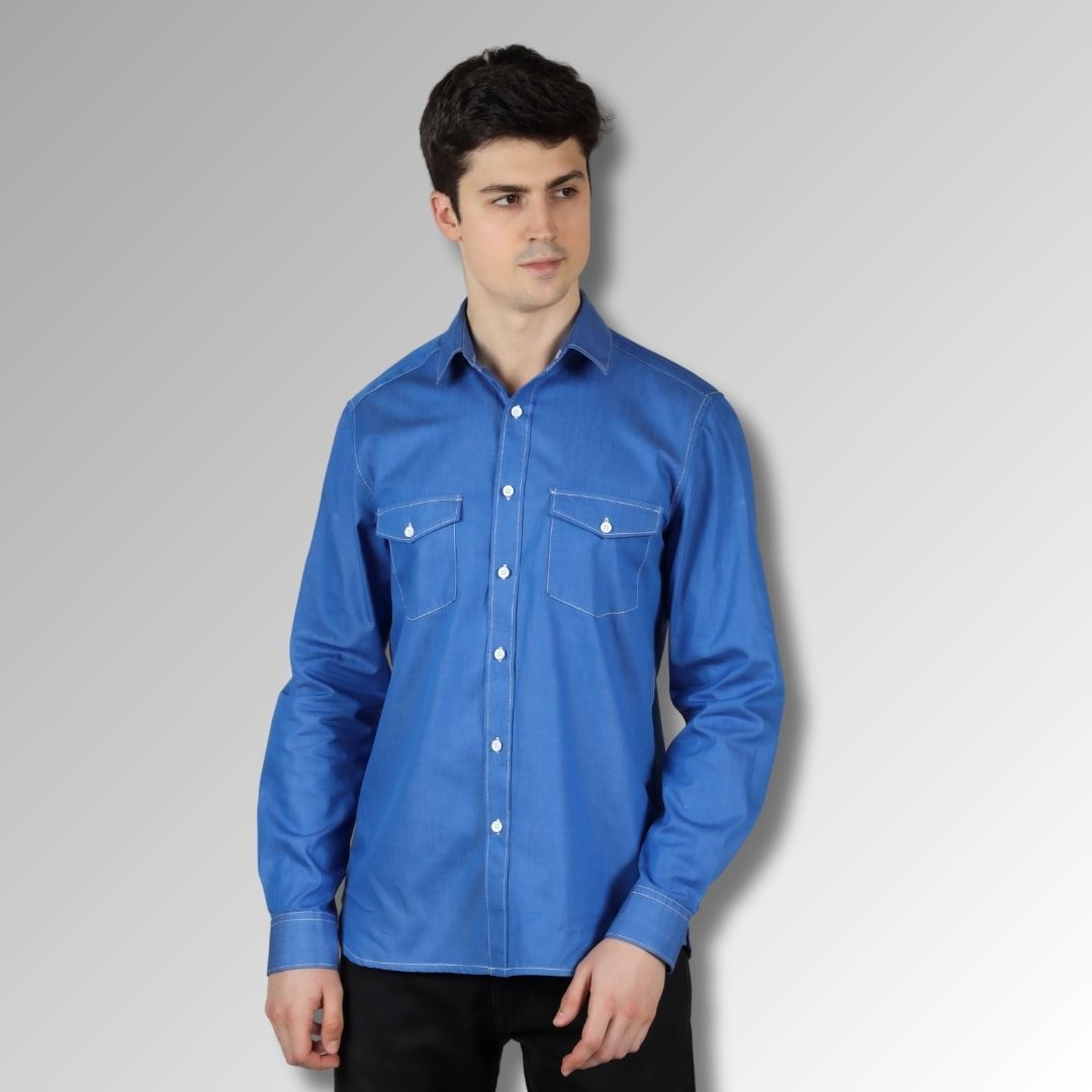 Electric Blue Chambray Men Shirt in  Cotton with Double Pockets & Contrast Stitch