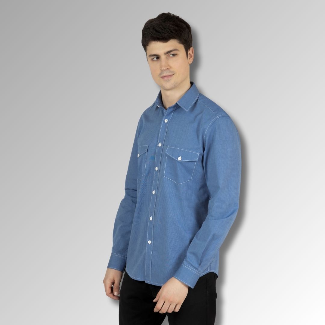 Bright Blue Chambray Men's Shirt in  Cotton with Double Pockets & Contrast Stitch