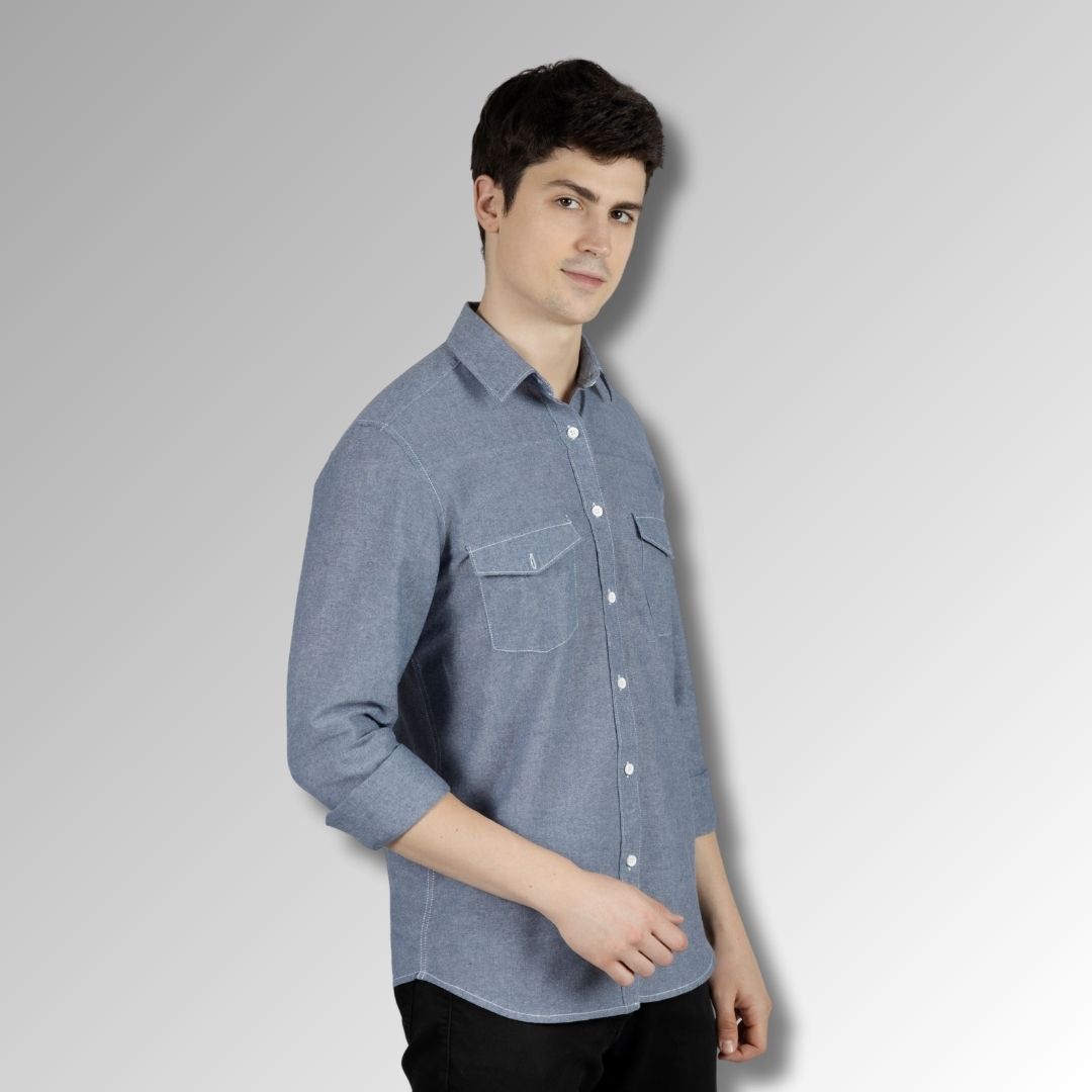 Light Blue Chambray Men's Shirt in Cotton with Double Pockets & Contrast Stitch