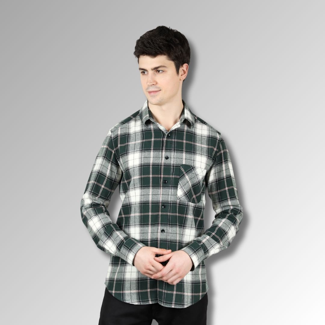 Green White Checks Men Shirt in Cotton with Single Pocket