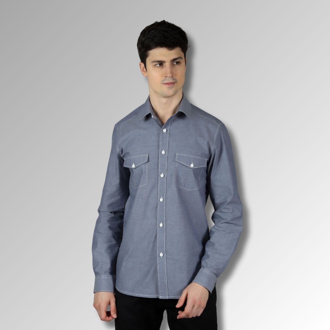 Blue Chambray Men's Shirt in Cotton with Double Pockets & Contrast Stitch