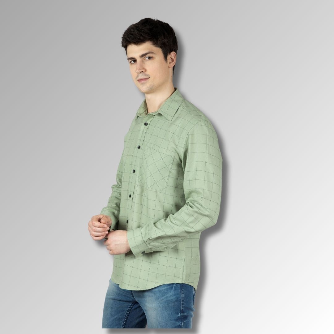 Green Pin Checks Shirt in Cotton with Single Pocket