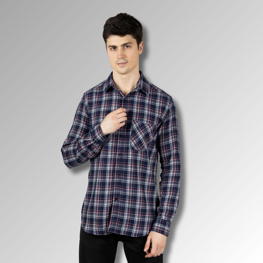 Navy Pink Checks Shirt in Cotton with Single Pocket