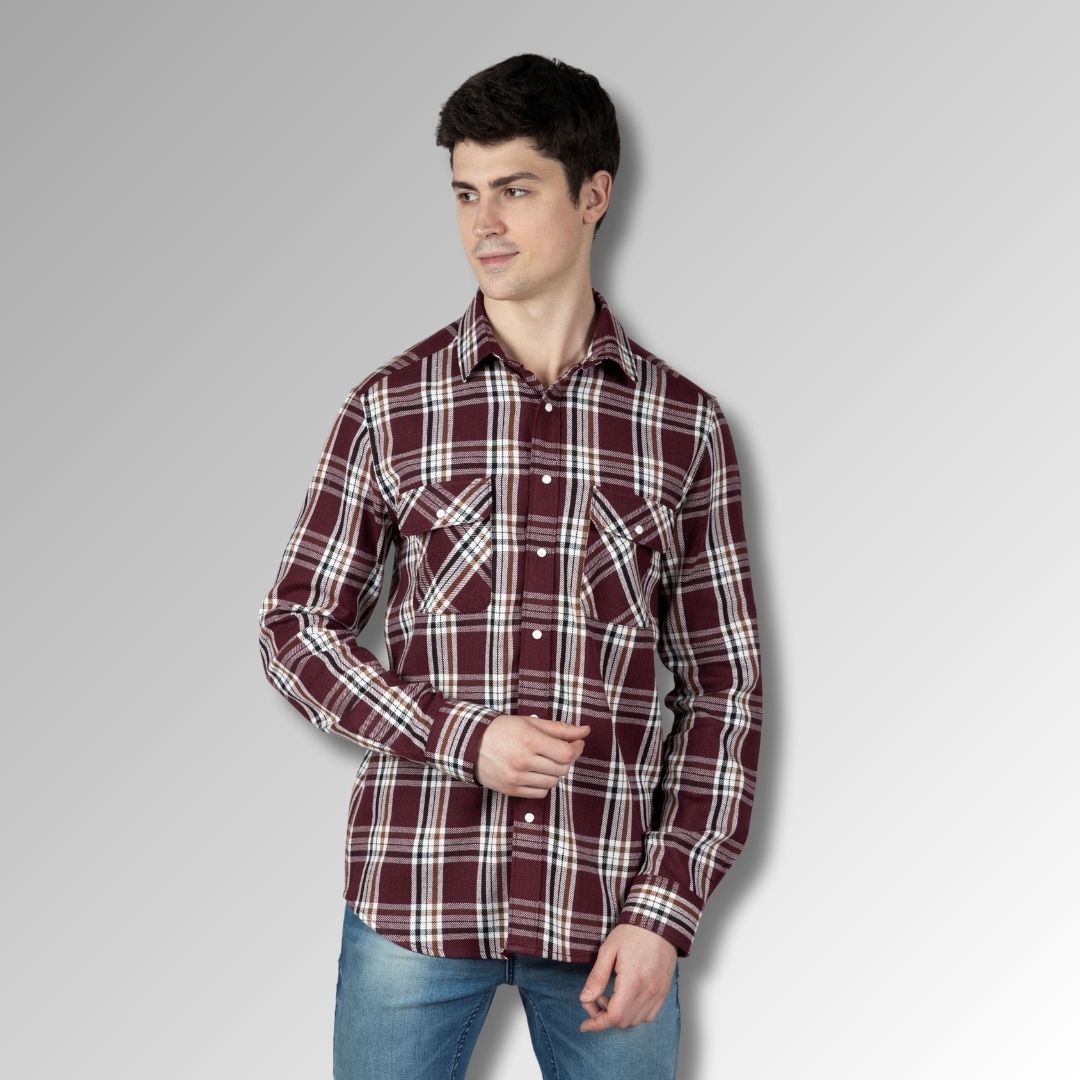 Red Checks Men Shirt in Cotton Flannel with Double Pockets & Snap Buttons