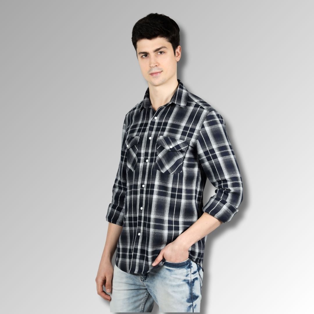 Grey Checks Men Shirt in Cotton Flannel with Double Pockets & Snap Buttons