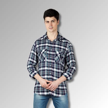 Navy Checks Men Shirt in Cotton Flannel with Pockets & Snap Buttons