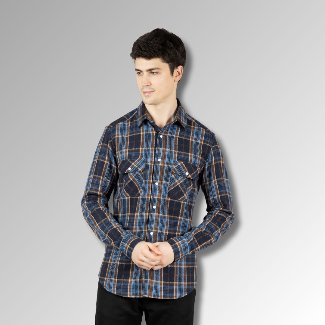 Blue Checks Men Shirt in Cotton Flannel with Pockets & Snap Buttons