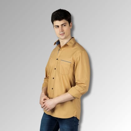 Tan Contrast Men Shirt in Cotton with Full Sleeves & Single Pocket