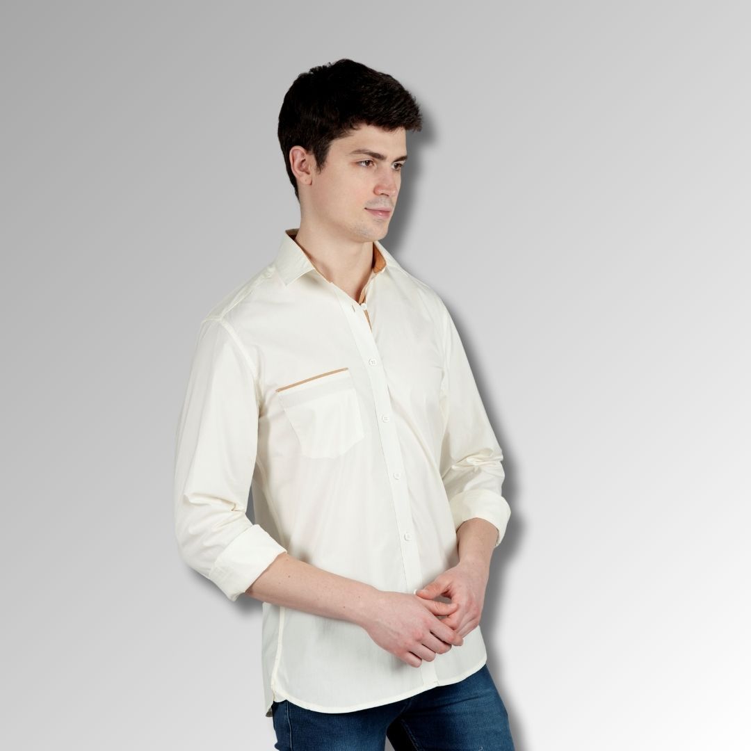 Off White Contrast Men Shirt in Cotton with Full Sleeves & Single Pocket