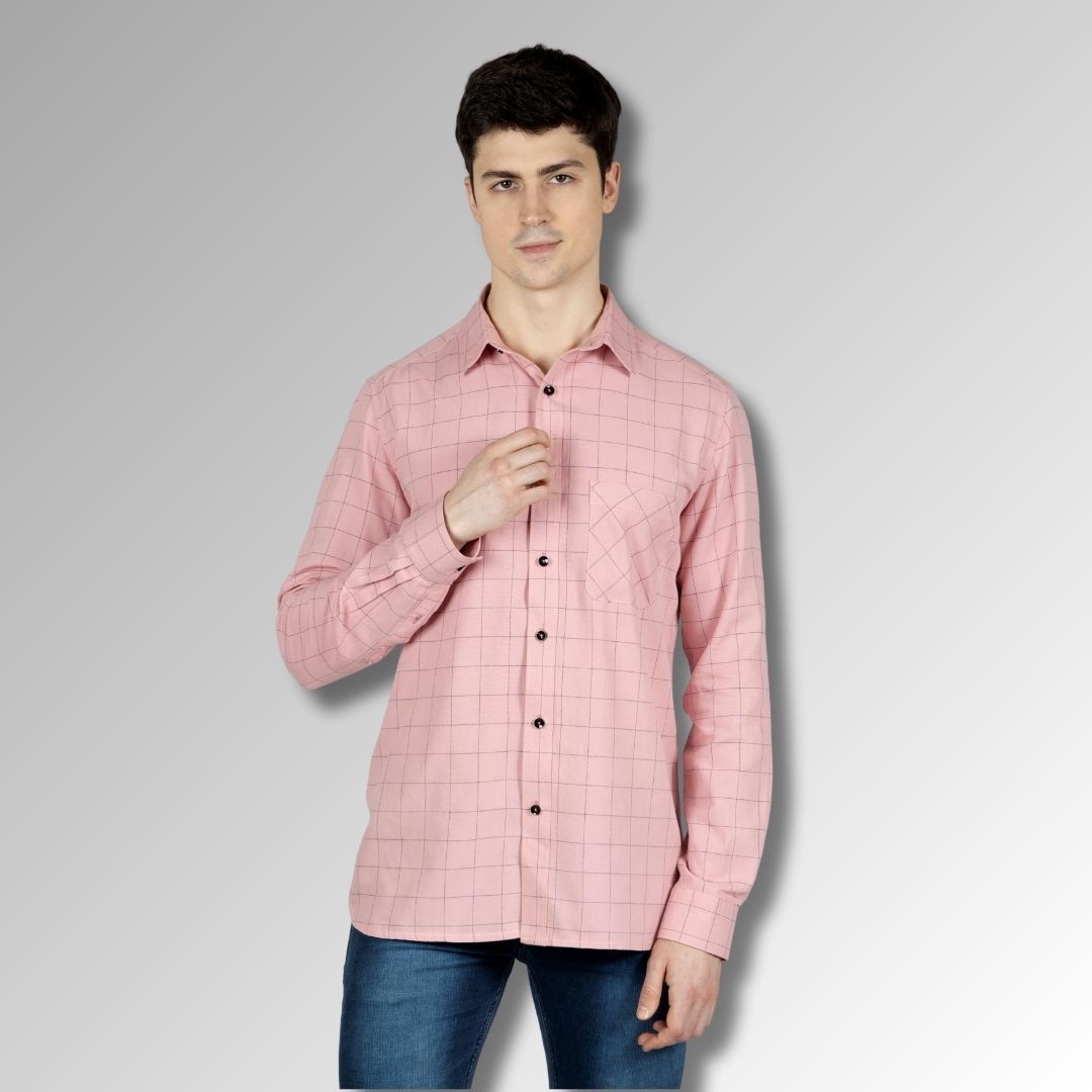 Pink Tapered Shirt in Checks Cotton with Full Sleeves