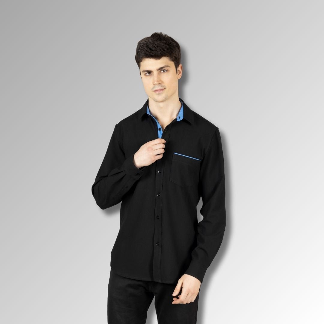 Black Contrast Men Shirt in POLYSPANDEX with Full Sleeves & Single Pocket