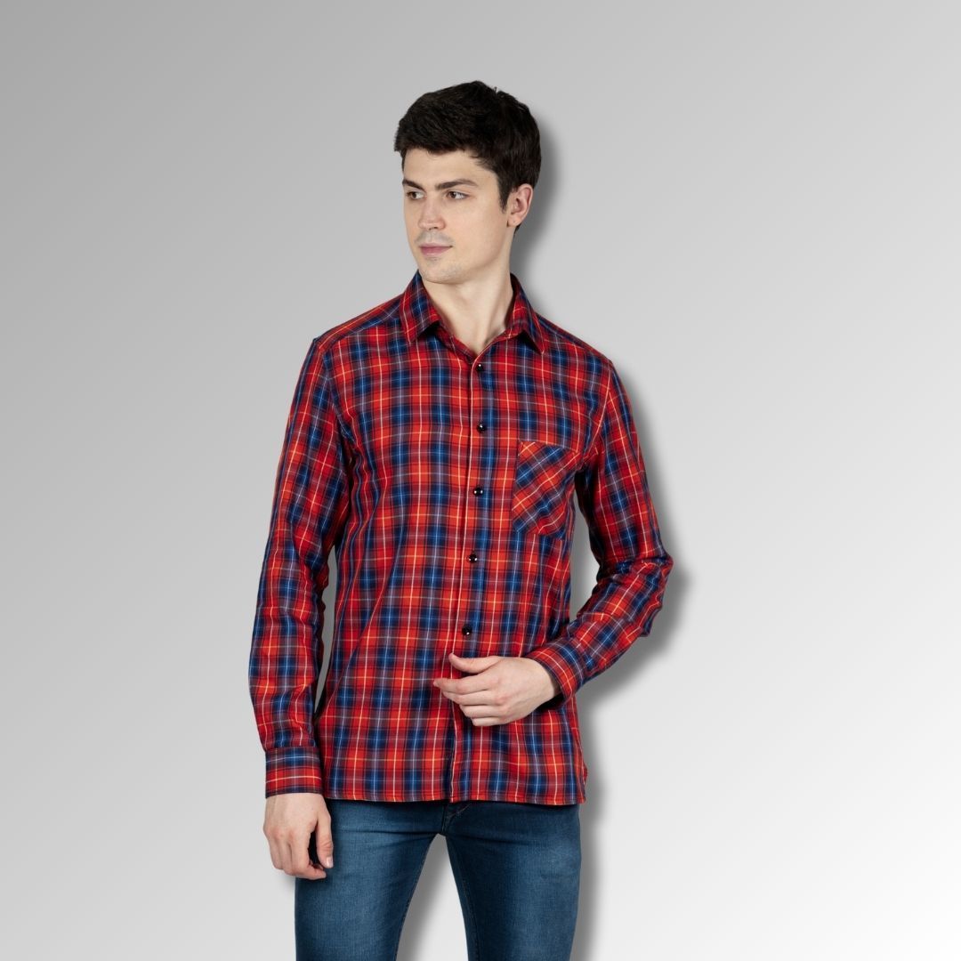 Orange Tapered Shirt in Checks Cotton with Single Pocket