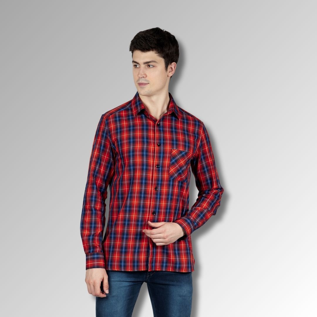 Red Tapered Shirt in Checks Cotton with Single Pocket