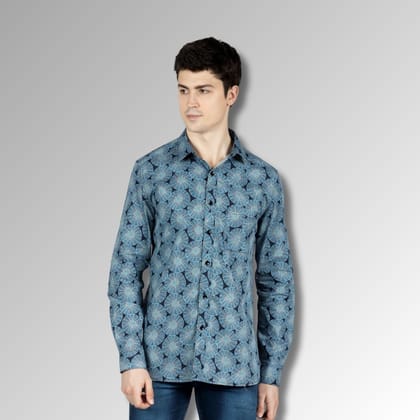 Blue Tapered Shirt in Printed Cotton with Single Pocket