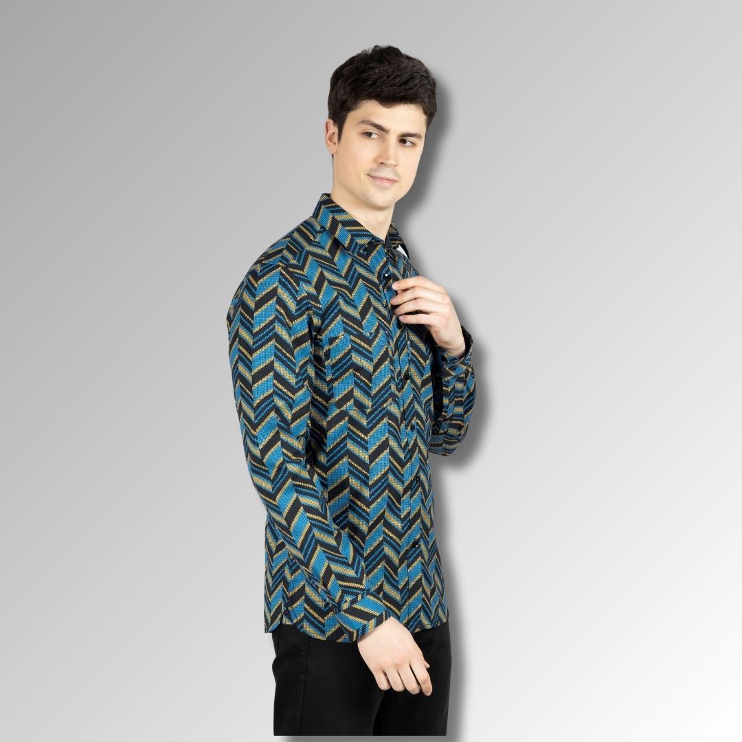 Black Tapered Shirt in Printed Cotton with Full Sleeves, Single Pocket