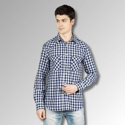 Navy Men's Western Shirt in Cotton Checks with Western Yoke