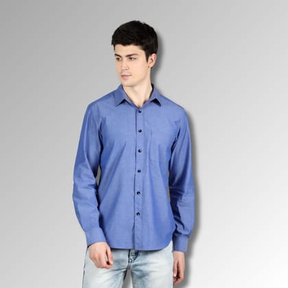 Blue Tapered Shirt in Melange Cotton with Single Pocket