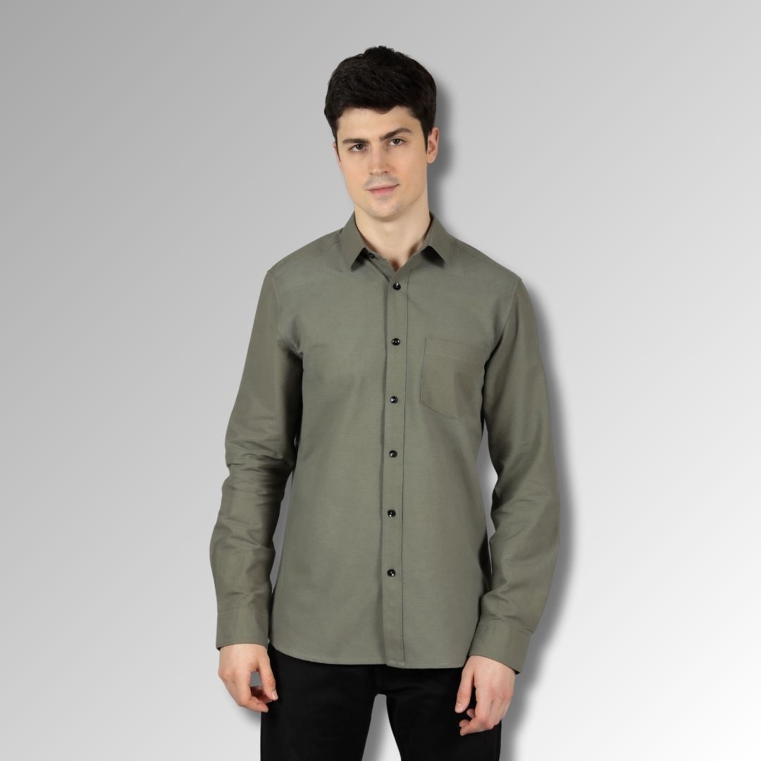 Green Tapered Shirt in Melange Cotton with Single Pocket