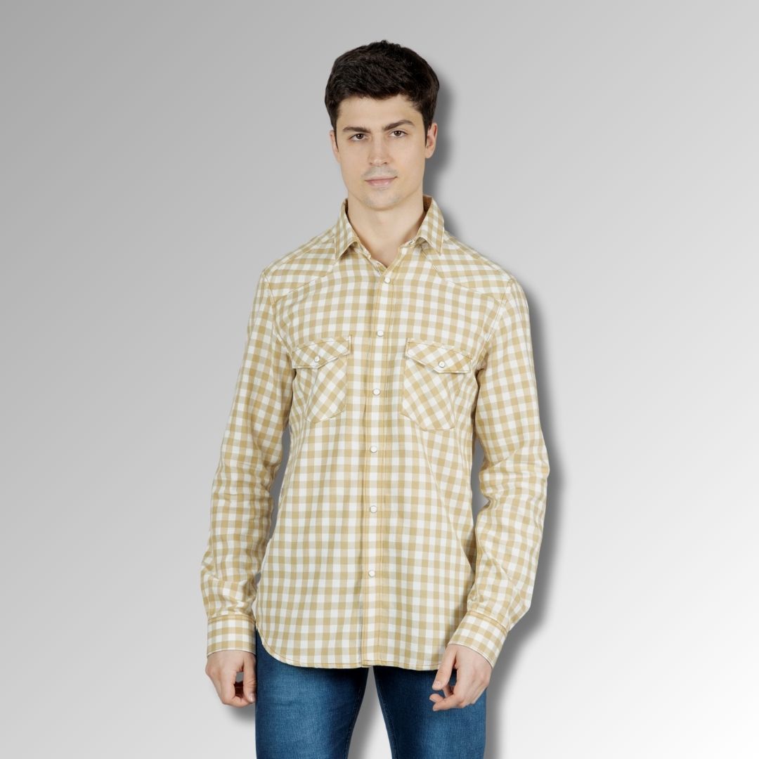 Beige Mens Western Shirt in  Cotton Checks with Western Yoke