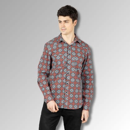 Turquoise Mens Western Shirt in Printed Cotton with Western Yoke