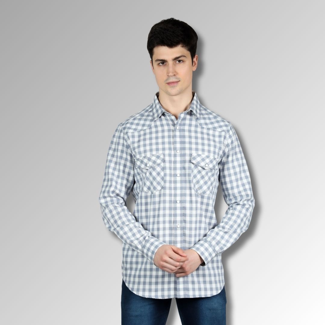 Grey Mens Western Shirt in  Cotton Checks with Western Yoke