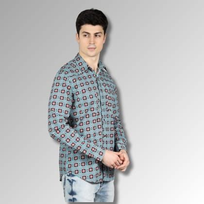 Green Mens Western Shirt in Printed Cotton with Western Yoke