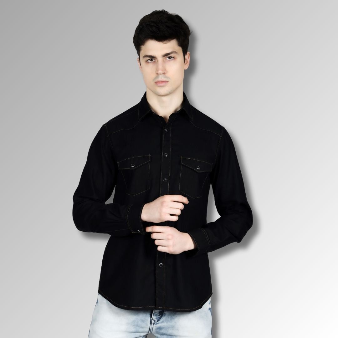 Men's Black Colour Western Shirt in Twill Cotton with Western Yoke