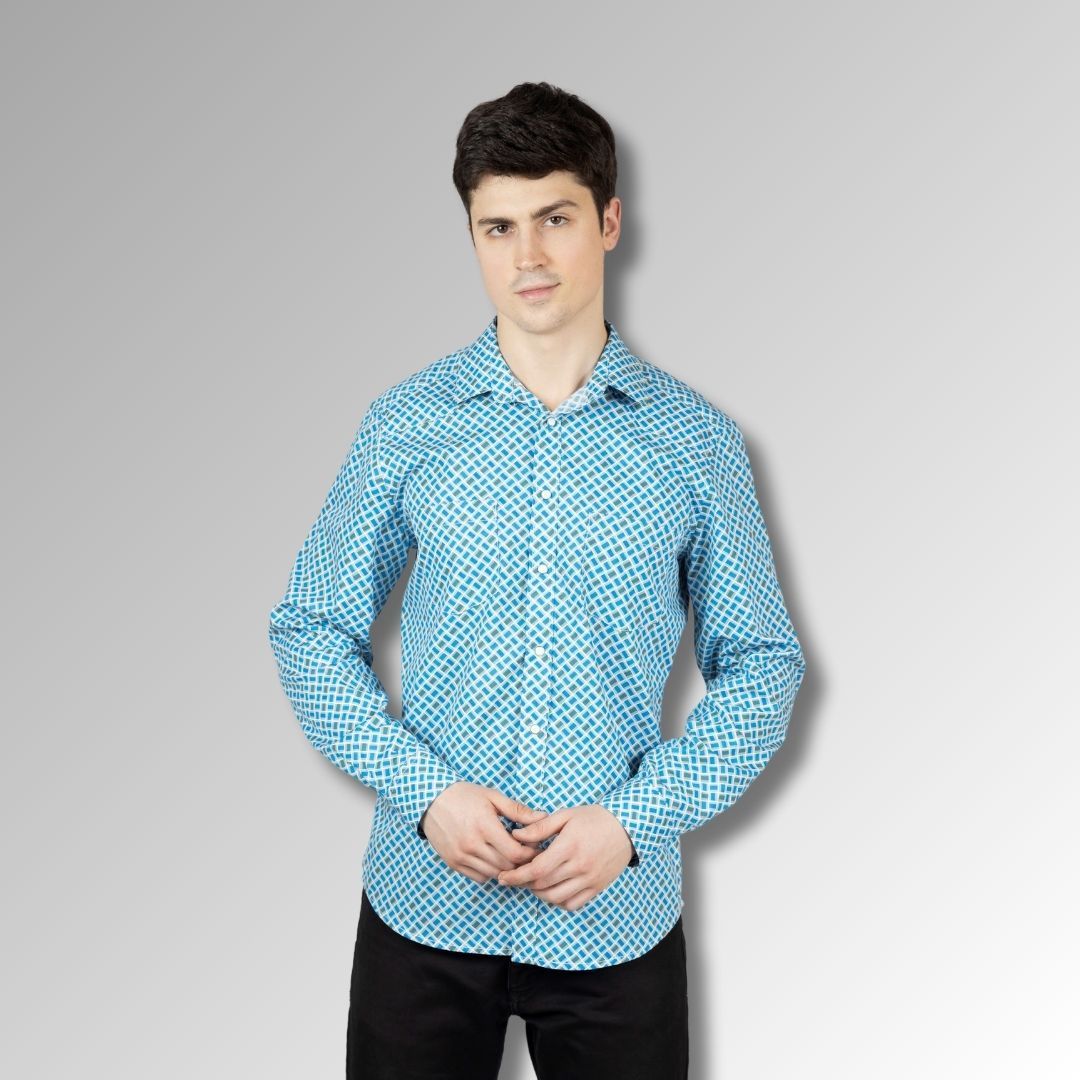 Men's Blue Printed Cotton Western Shirt with Western Yoke